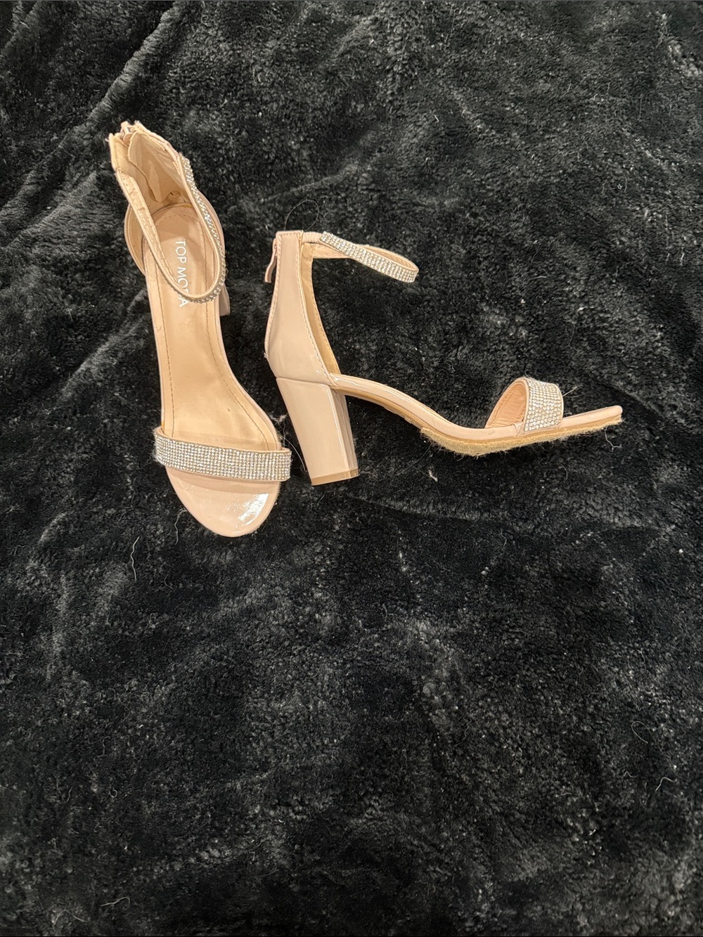 TOP Moda Beige Patent Block Heel Sandals with Rhinestone Straps